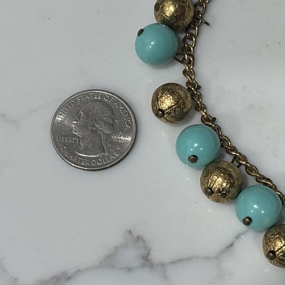 Vintage Gold Tone Necklace Blue Bead Dangle Statement Chunky Bib Multistrand 16" - Picture 9 of 9